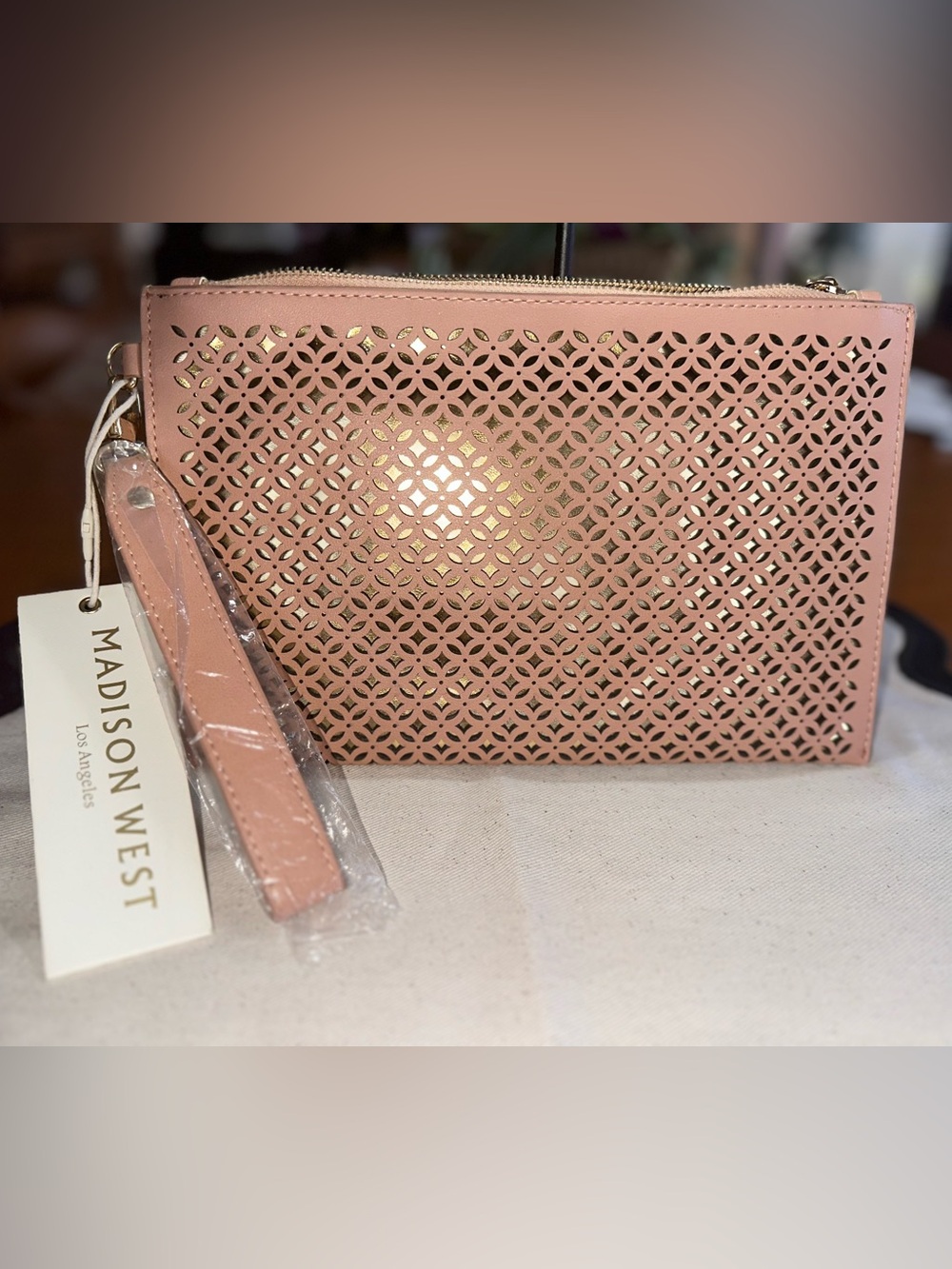 Madison West Blush Pink Laser-Cut Wristlet Clutch | Gold Metallic Lining | NWT
